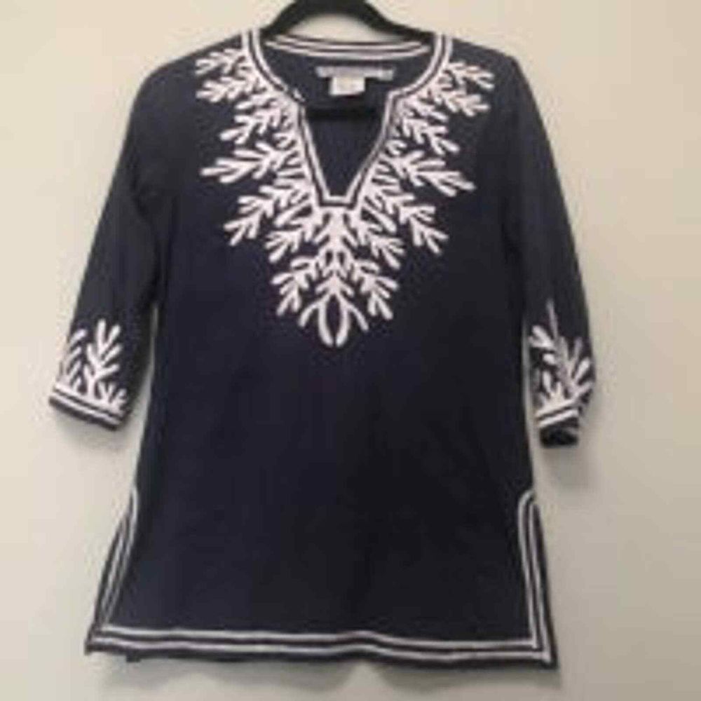 Gretchen Scott Navy Reef‎ Embroidered Tunic XS GUC C12